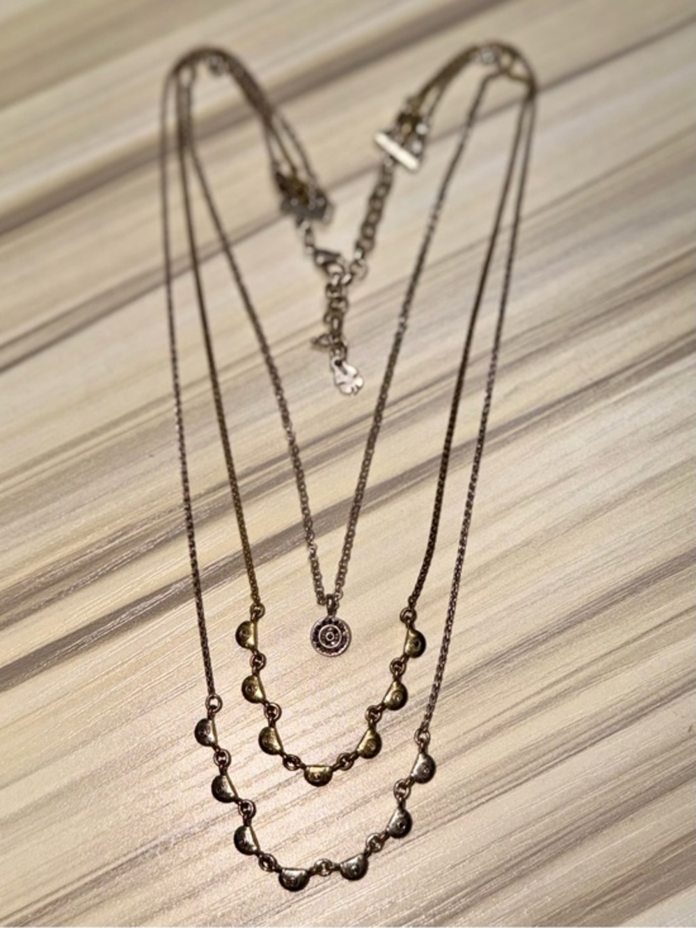 Lucky Brand Three-Strand Gold and Silver Tone Necklace with Bead Drops